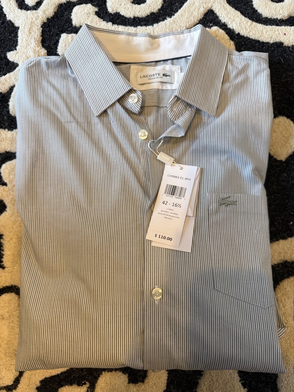 NWT Lacoste Men's black Micro-Stripe Button Down Dress Shirt size 42-16 1/2